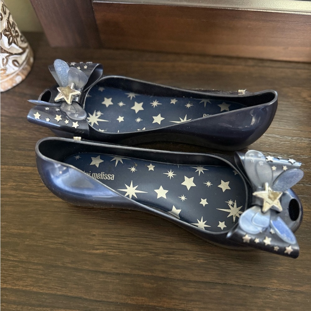 Mini Melissa Navy Blue Star Ballet Flats with Bow and Star Accent
